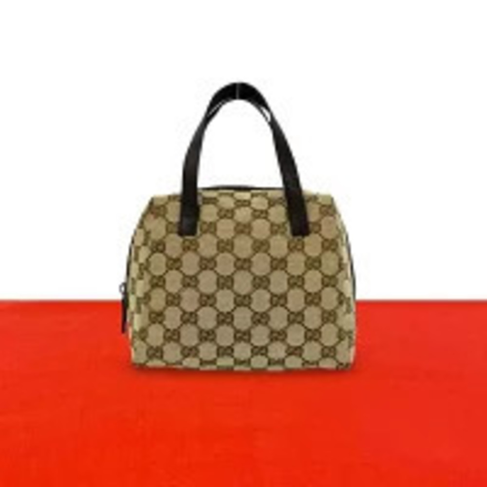 Gucci Joy GG Canvas Leather Round Zip Boston Bag Tan Brown